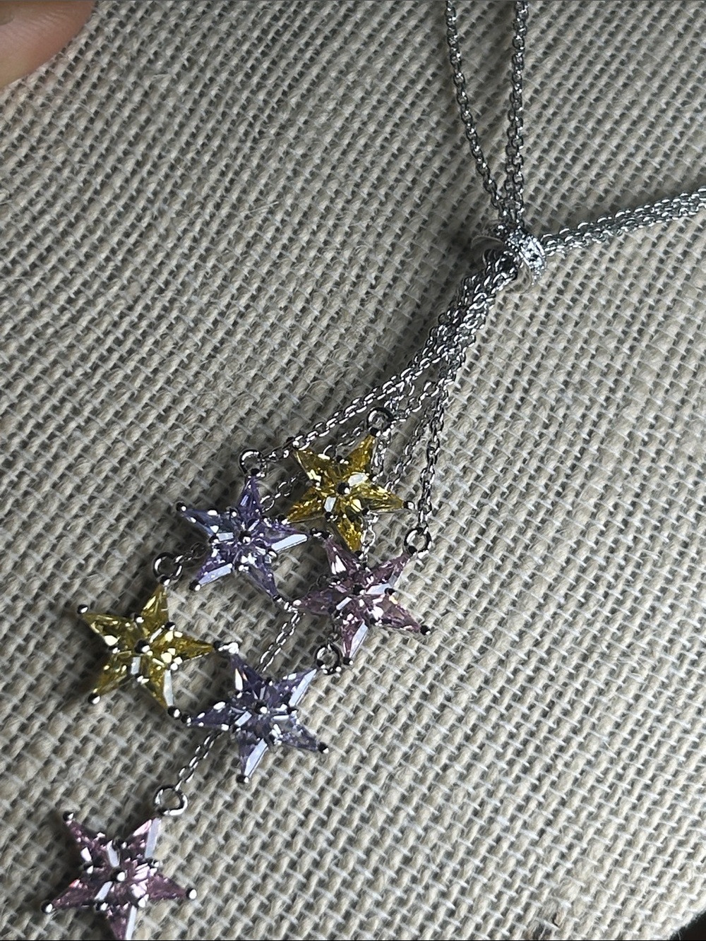 Silver Multi-Star Pendant Necklace with Yellow, Purple, and Pink Stones